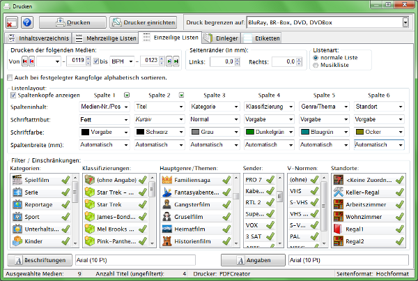 Heyer's Heim-Videothek: Drucken/Einzeilge Liste