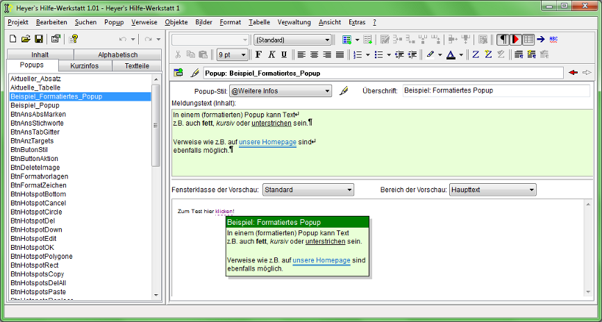Heyer's Hilfe-Werkstatt - Popups und Kurzhinweise