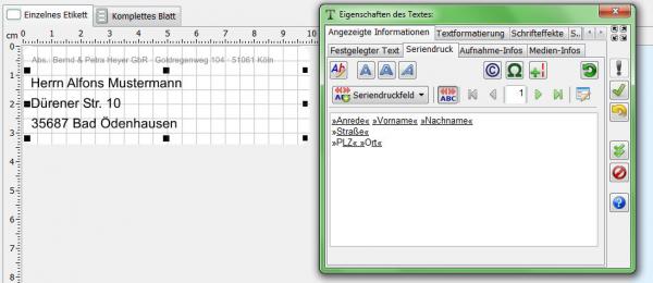 Zum Vergrößern anklicken! Heyer's Etiketten-Studio - Text: Seriendruck